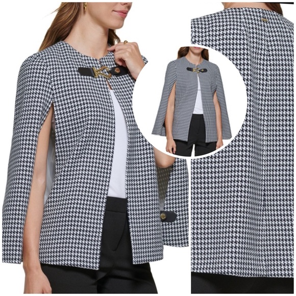 DKNY Women’s Houndstooth Cape-Sleeve Jacket w/Open Front Collarless Detail in XL - Picture 3 of 16